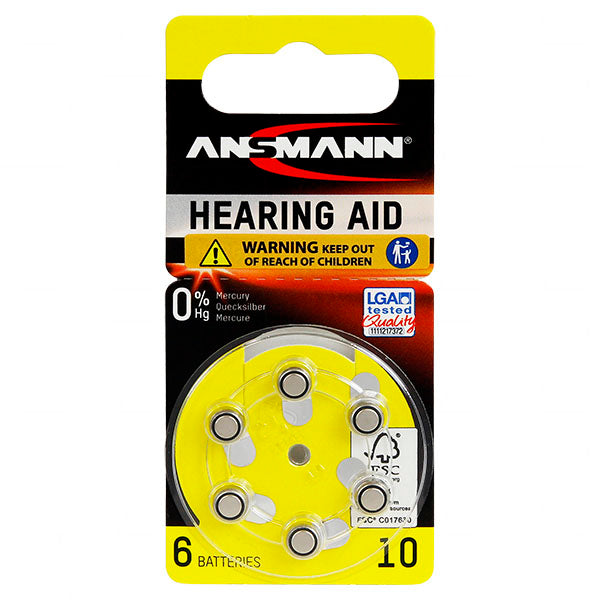 ANSMANN A10-BP6(A) Zinc Air Hearing Aid Batteries - 90mAh, 1.4V, PR70 Size - Premium Power for Crystal-Clear Sound, 6-Pack