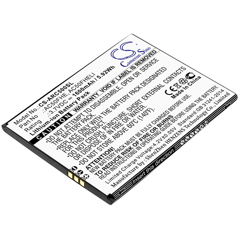 1600mAh 3.7V Li-ion Replacement Battery for Archos 50F Helium Lite Smartphone (GX395872)