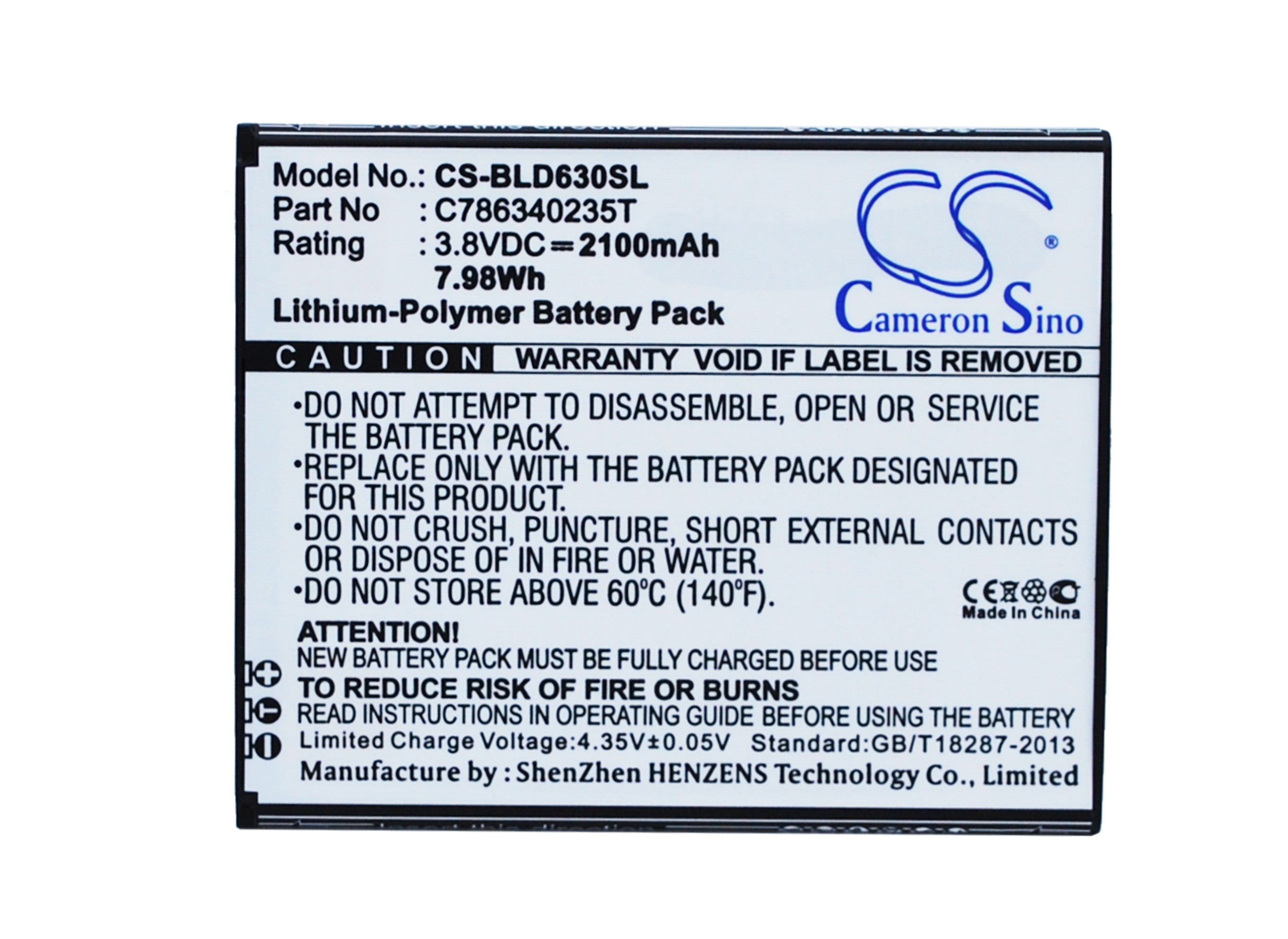 2100mAh Replacement Battery for BLU Studio 5.5S D630U/L Smartphone - 3.8V Li-Polymer Battery