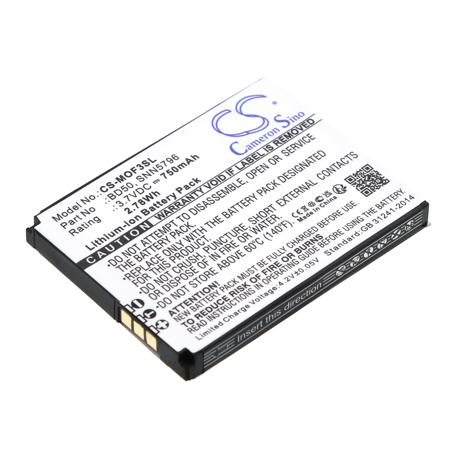 750mAh 3.7V Li-ion Replacement Battery for Motorola F3 F3C EM325 EM25 Smartphones (BD50, SNN5796A)
