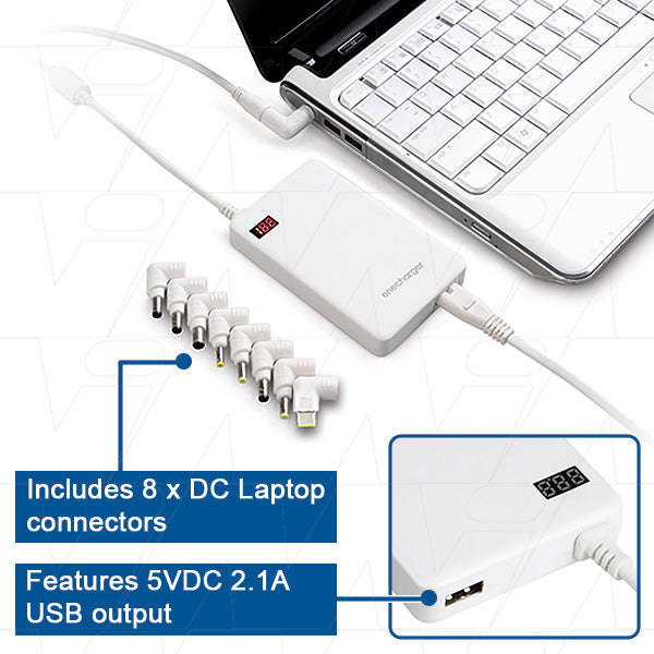 100-240VAC input 12V-24V 90W DC + 5V 2.1A USB output power supply incl' 8 plugs for notebooks