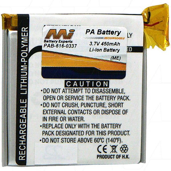 Professional-Grade 450mAh LiPo Battery for Portable Audio - MI Battery Experts PAB-616-0337-BP1 | 3.7V, 1.7Wh, 8g