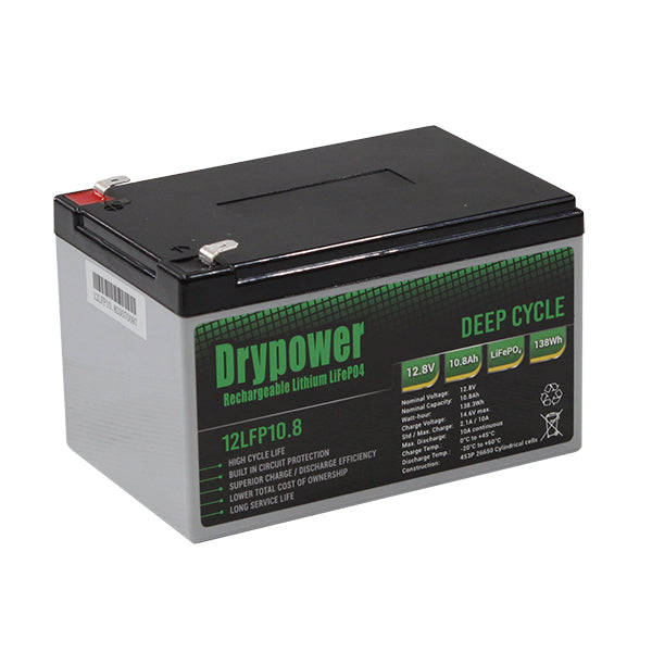 Drypower 12.8V 10.8Ah Lithium Iron Phosphate (LiFePO4) Rechargeable Lithium Battery - Up to 4 in Series Capable