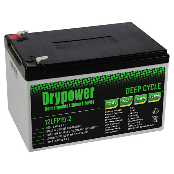 Drypower 12.8V 15.2Ah Lithium Iron Phosphate (LiFePO4) Rechargeable Lithium Battery - Up to 4 in Series Capable