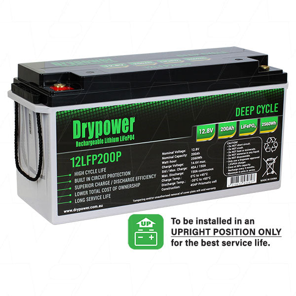 Drypower 12.8V 200Ah Lithium Iron Phosphate (LiFePO4) Rechargeable Lithium Battery - Up to 4 in Series Capable