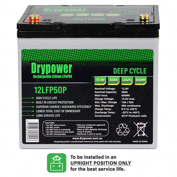 Drypower 12.8V 50Ah Lithium Iron Phosphate (LiFePO4) Rechargeable Lithium Battery - Up to 4 in Series Capable