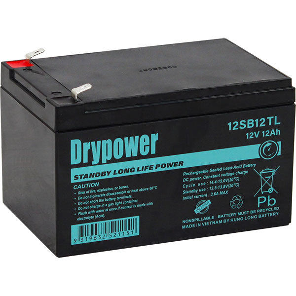 12V 12Ah Drypower Long Life Standby AGM Battery - 6-9 Year Design Life