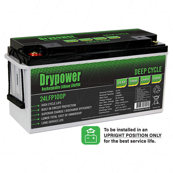 Drypower 25.6V 100Ah Lithium Iron Phosphate (LiFePO4) Rechargeable Lithium Battery - Up to 2 in Series Capable