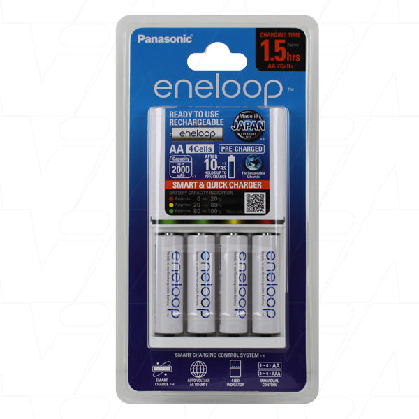 4 cell Eneloop quick charger packed with 4 x Eneloop AA 'ready to use' cells