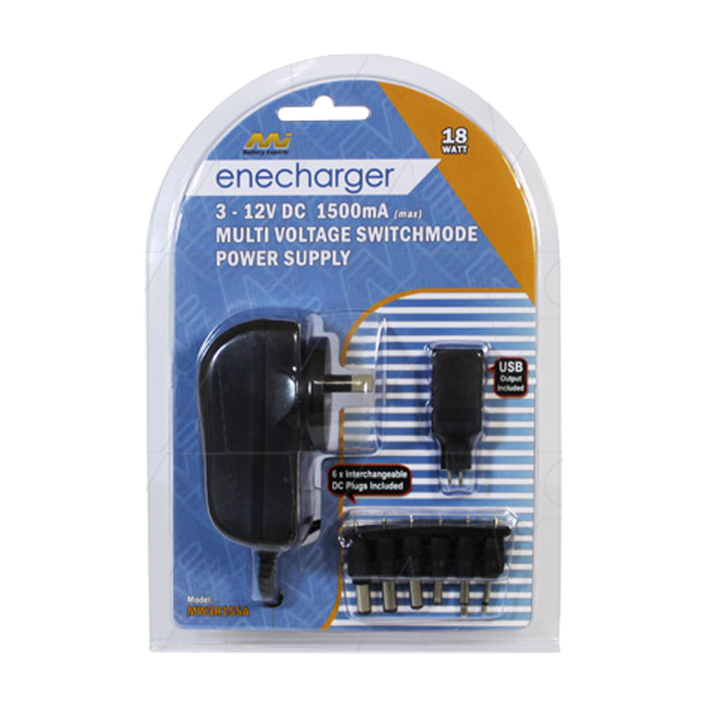 Enecharger 18W Power Supply 100-240VAC Input to Output 3-4.5-5-6- 7.5-9-12V DC at 1.5A