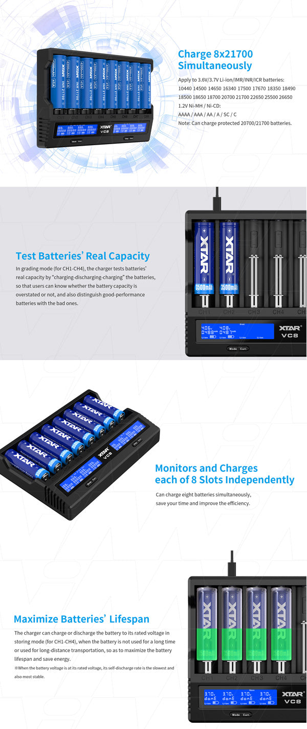 XTAR VC8 1-8 Cell LiIon/NiMH Battery Charger with Capacity Test function