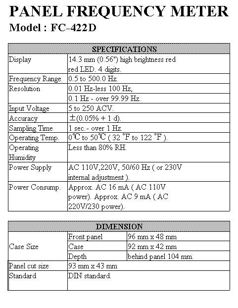 Frequency Meter Range 0.5-500.0Hz Power Supply 240VAC/50Hz