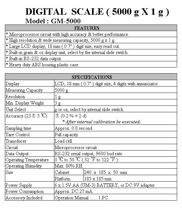 Electronic Scale - 5000g X 1g + RS232