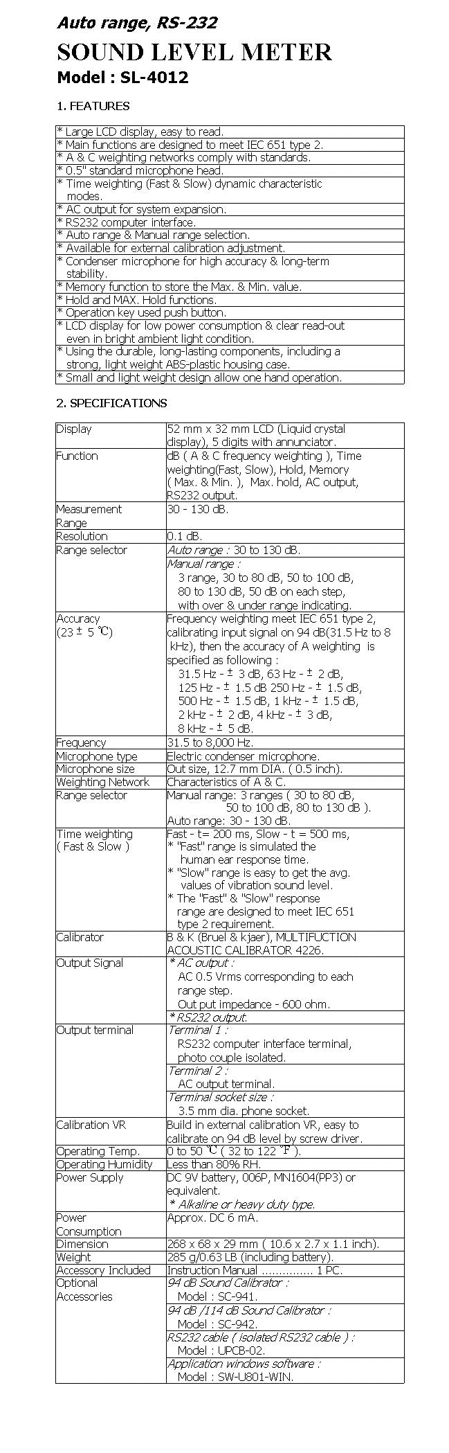 Sound Level Meter, RS232, Auto Range, IEC651 Type 2