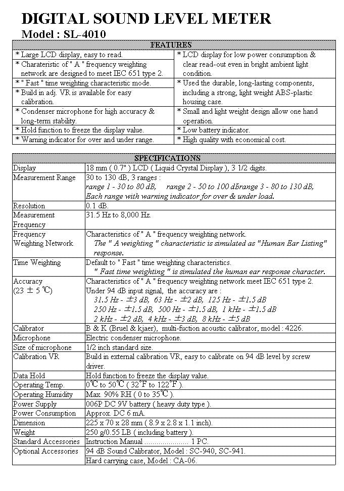 Sound Level Meter, Iec651 Type 2, Economical